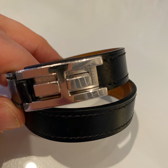 Hermes Drag Double Tour Black Leather and Palladium Bracelet - Picture 2 of 5